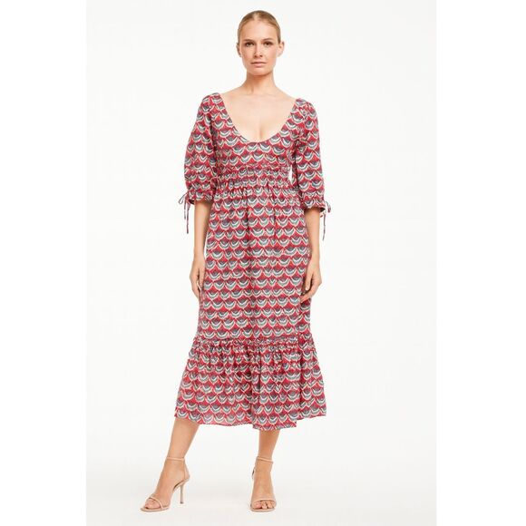 Eddy Hayley Puff Sleeve Cotton Midi Dress XS Red NEW - Picture 1 of 9